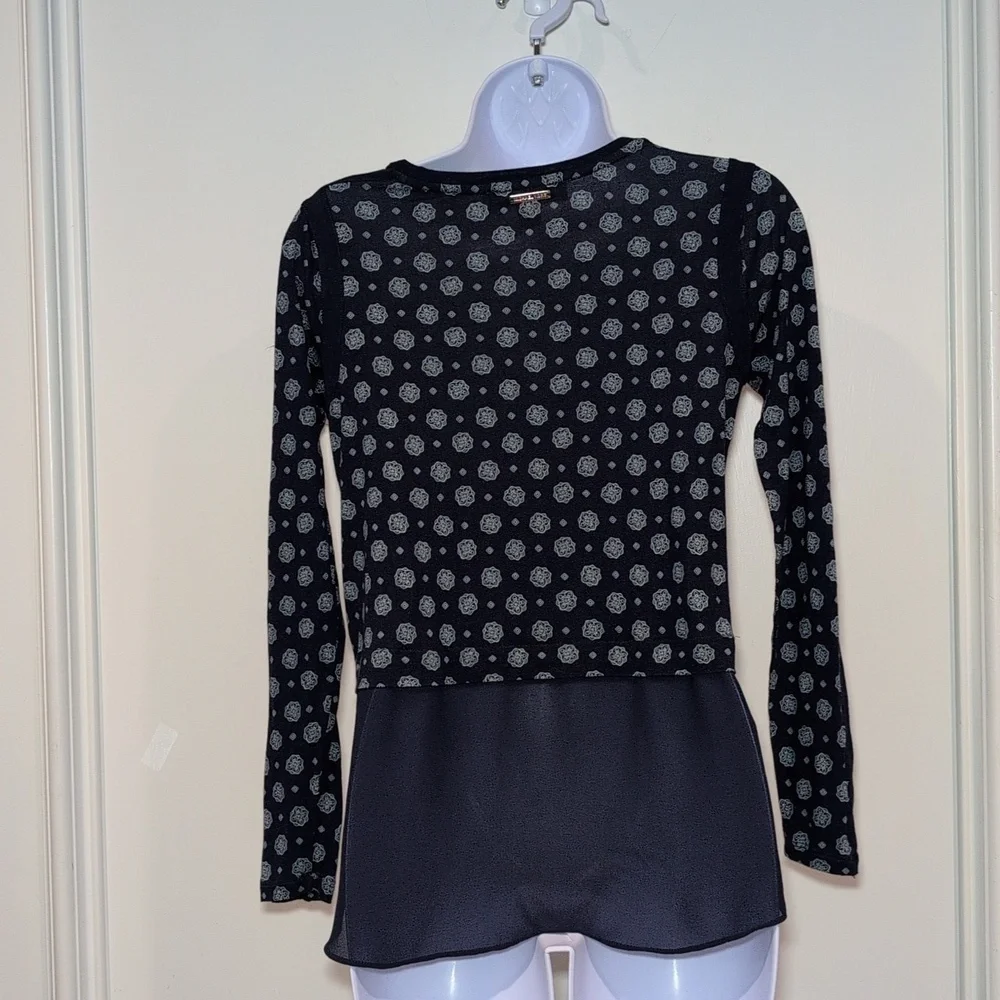Michael Kors Top Small Navy Long Sleeve Printed Blouse